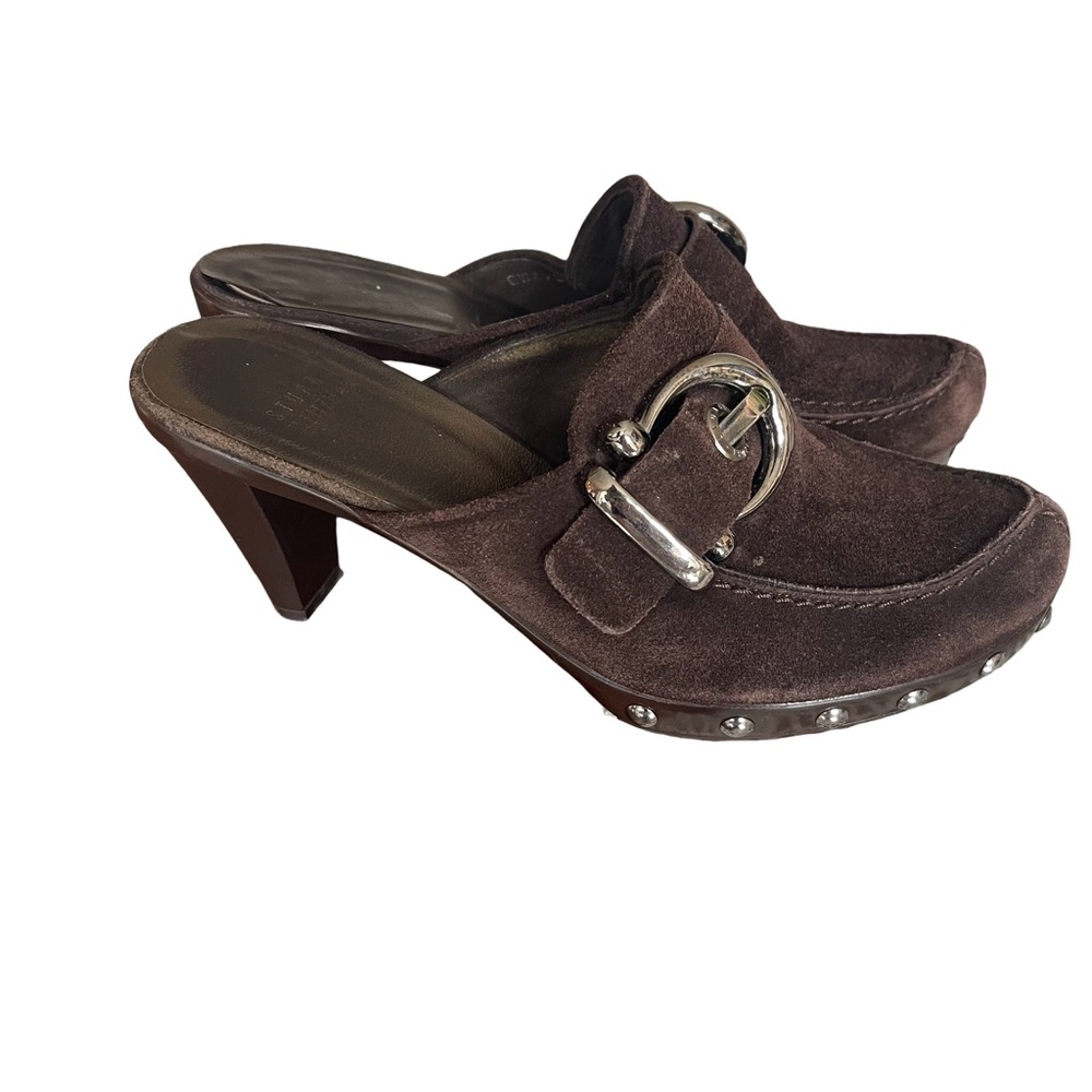 Stuart Weitzman Dark Brown Suede Heeled Mules with Studs. Size 6
